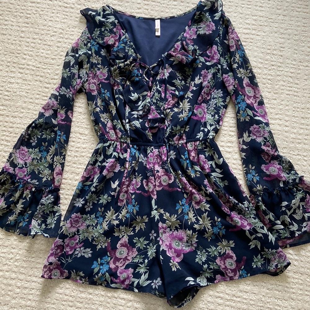 Xhilaration - Navy Blue Floral Long Sleeve Shorts Romper